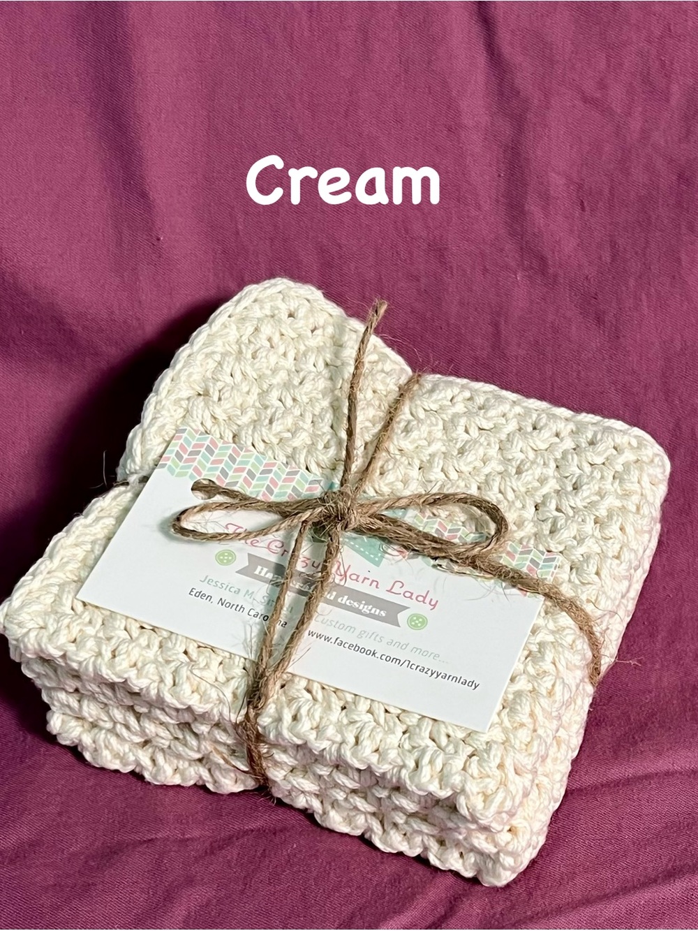 2 piece Handmade Cream Crochet cotton Dish Cloths